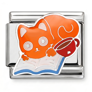 Orange Cat Reading Charm Silver